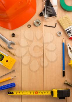 set of tools and instruments on wooden background