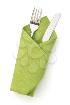 napkin, fork and knife isolated on white background