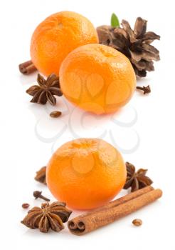 mandarin and spices isolated on white background