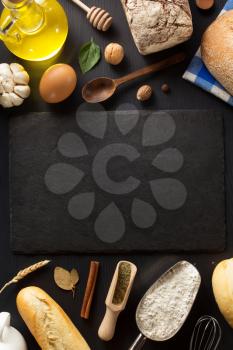 bread and bakery  ingredients on wooden background