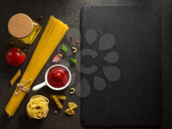 pasta and food ingredient  on dark background
