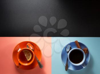 cup of coffee and tea at colorful background