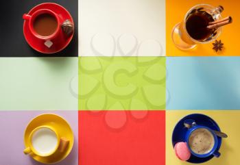 cup of coffee, milk and cacao at colorful background