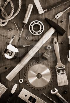work tools and instruments on wooden background