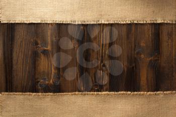 sack burlap hessian at wooden  plank background