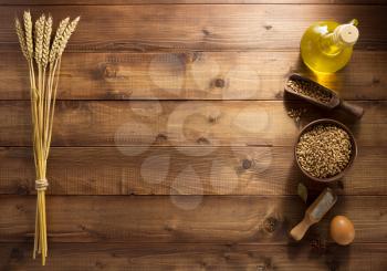 bakery products on wooden background