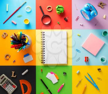 school supplies at abstract colorful paper background texture