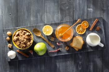 healthy food on wooden table background
