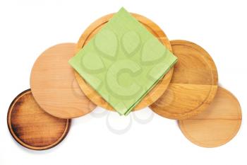 wooden pizza or bread cutting board at white background, top view