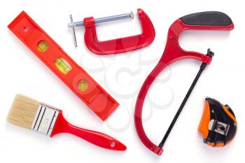 set of construction tools isolated at white background, top view