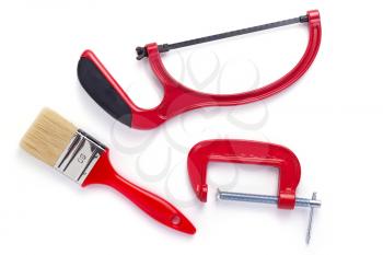 set of construction tools isolated at white background, top view