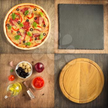 pizza and food ingredients with cutting board at wooden table, top view