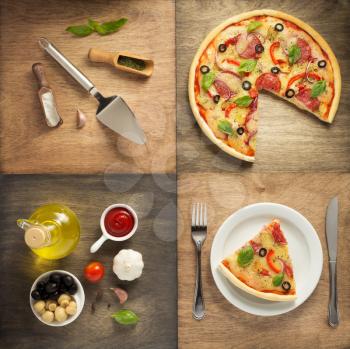 sliced pizza at plate and food ingredients at wooden table, top view