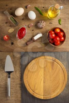 pizza food ingredients and cutting board at wooden table, top view