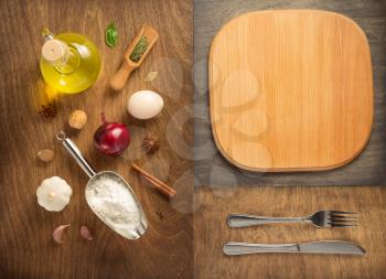 food ingredients and spices with cutting board at wooden table, top view