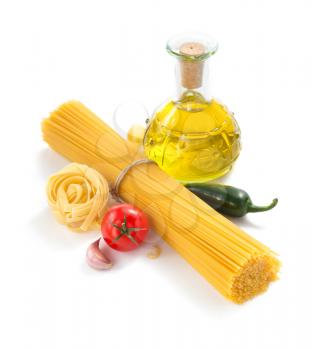 pasta and ingredients isolated at white background