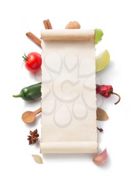parchment scroll and food  ingredient isolated on white background