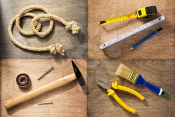set of  tools and instruments at wooden background