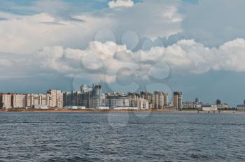 Beautiful views of the city from the motor ship going on the water areas of the Neva River.