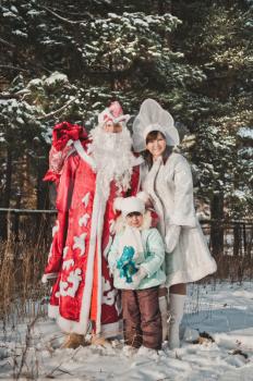 Ded Moroz hands over gifts to the child.