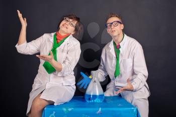 Creative scientists make experiments with liquid ice.