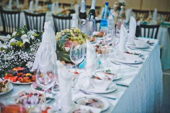 Table with the food, beautifully decorated.