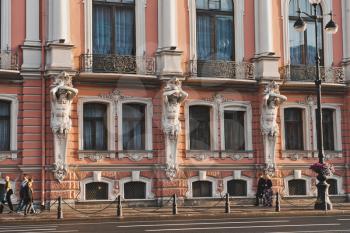 Features of infrastructure and facades on Nevsky Avenue of the city of St. Petersburg.