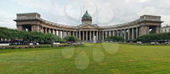 Panoramic view on Kazanskaya Square and the Kazan cathedral located on Nevsky Avenue of the city of St. Petersburg, Russia.
