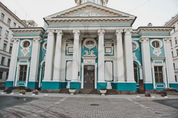 View of a front part of church in the city of Sankt Petersburg on Nevsky Avenue.
