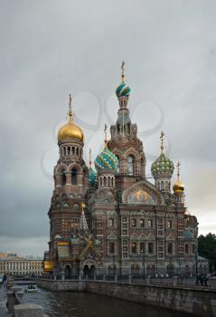 Vertical panorama, view from the party of the channel of Griboedov on the Temple of Revival of Christoff in the city of St. Petersburg, Russia.