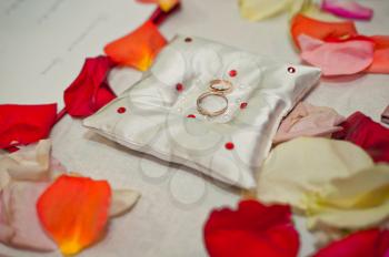 Petals of roses lie on a table about wedding rings.