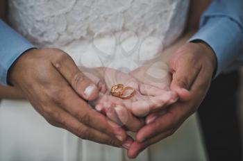Palms of the newly-married couple with wedding rings.