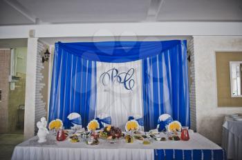 Blue cloth decorated Banquet hall.