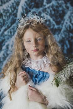 Christmas portrait of a child in the winter woods.