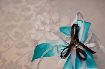 Small pillow for an ornament with white and violet bows.