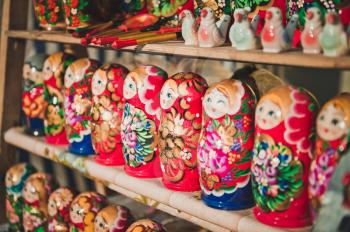 Ancient Russian toys painted nested dolls.