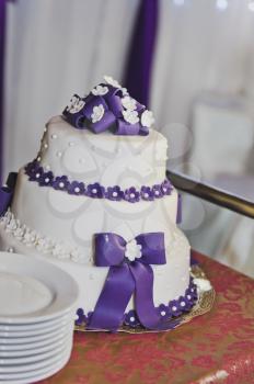Great wedding cake with purple decorations.