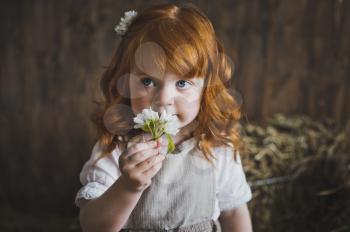 Portrait of a red-haired child with a white flower.