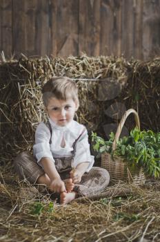 Portrait of a baby among the hay.