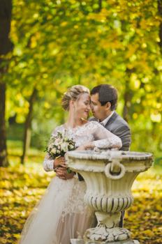 The gentle embrace of the newlyweds on the background of beautiful autumn garden.