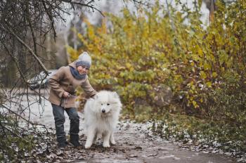Boy walking his dog breed is Samoyed.