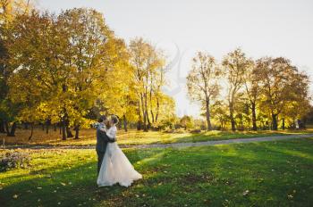 Evening photo of the newlyweds on the background of endless fields.