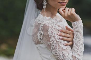 The lace pattern on the wedding dress.