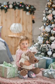 The girl sits near the Christmas tree and hugs a wolf doll in the skin of a sheep.