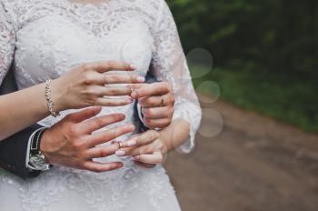 Delicate hands with wedding rings.