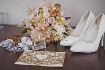 Details of the brides wardrobe before the wedding ceremony.