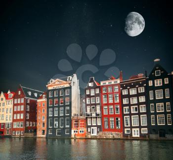 At night, under the light of stars.  Amsterdam. The capital of the Netherlands. Located on the shores of the North Sea