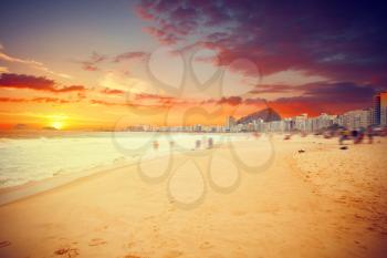 Scenic view of Copacabana Beach with skyline of Rio de Janeiro Brazil