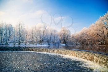 Falls in the winter. Picturesque scenery of winter.