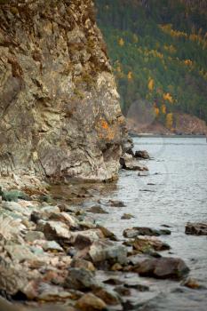 rocky coast of Lake Baikal. Autumn in Siberia.